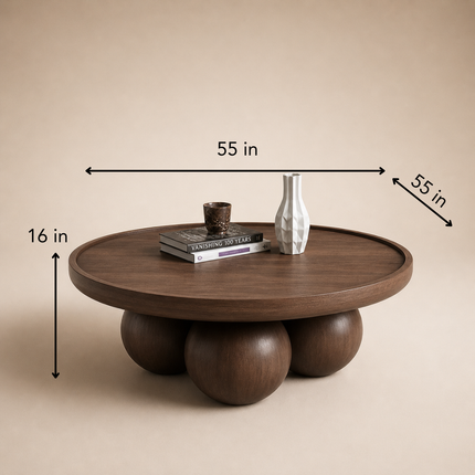Bandama round solid wood coffee table with ball base mid century modern Japandi design for reading lounge and library seating space