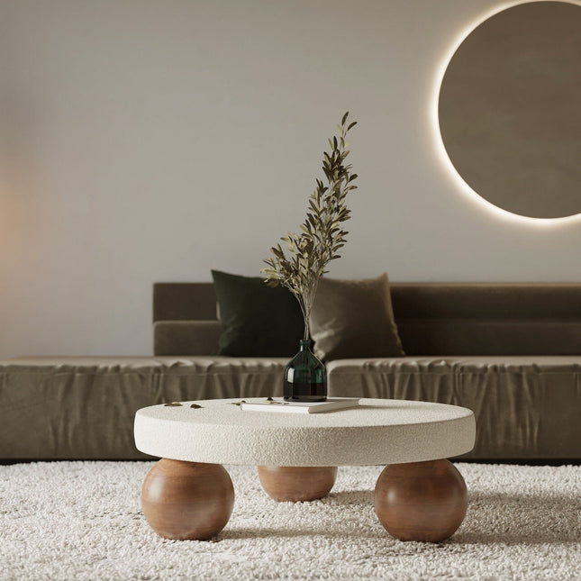 Salween Mid Century Modern Japandi Coffee Table Scandinavian Round Center Table with Sculptural Sphere Legs Custom Made for Living Room - Uber Decor