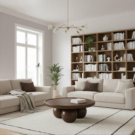 Bandama round solid wood coffee table with ball base mid century modern Japandi design for reading lounge and library seating space