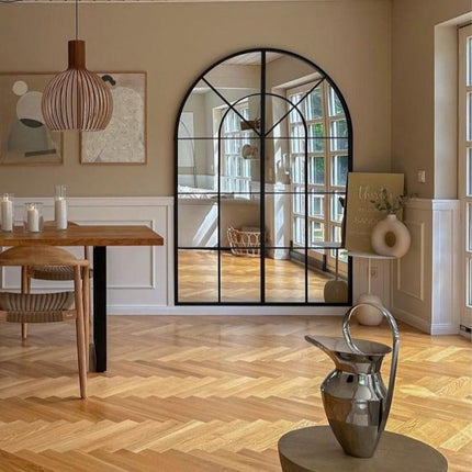 French Arch Oversized Window Style Mirror - Full-Length Arched Metal Frame Mirror - Uber Decor