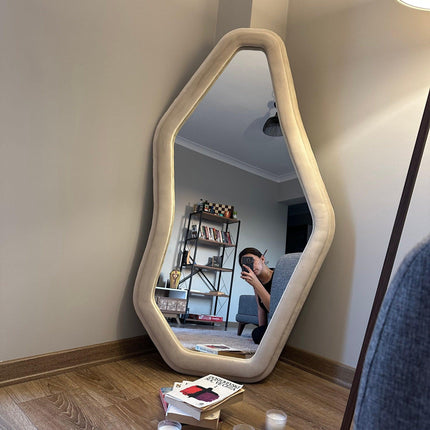 EdgeCraft Irregular Asymmetric Wall Mirror- Suede Velvet Upholstered Frame Fabric Mirror for Bedroom - Uber Decor