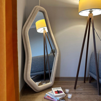 EdgeCraft Irregular Asymmetric Wall Mirror- Suede Velvet Upholstered Frame Fabric Mirror for Bedroom - Uber Decor