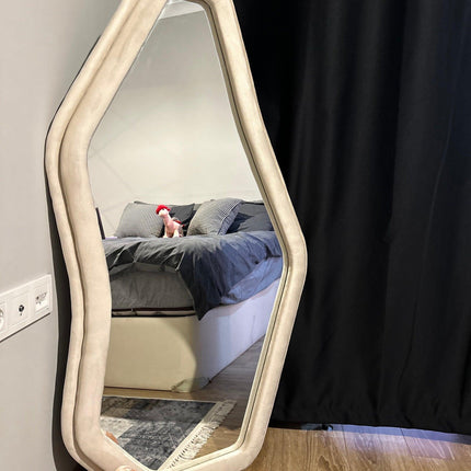 EdgeCraft Irregular Asymmetric Wall Mirror- Suede Velvet Upholstered Frame Fabric Mirror for Bedroom - Uber Decor