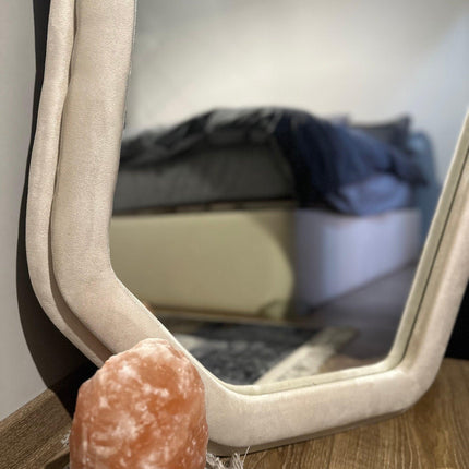 EdgeCraft Irregular Asymmetric Wall Mirror- Suede Velvet Upholstered Frame Fabric Mirror for Bedroom - Uber Decor