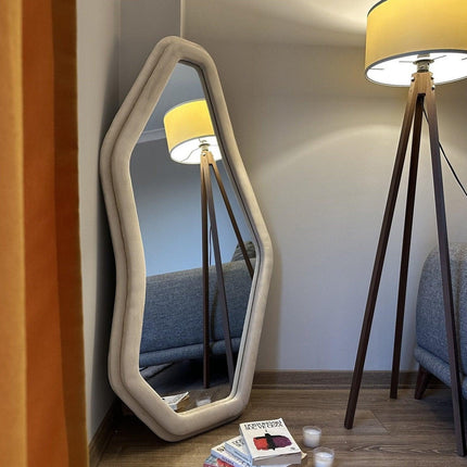 EdgeCraft Irregular Asymmetric Wall Mirror- Suede Velvet Upholstered Frame Fabric Mirror for Bedroom - Uber Decor