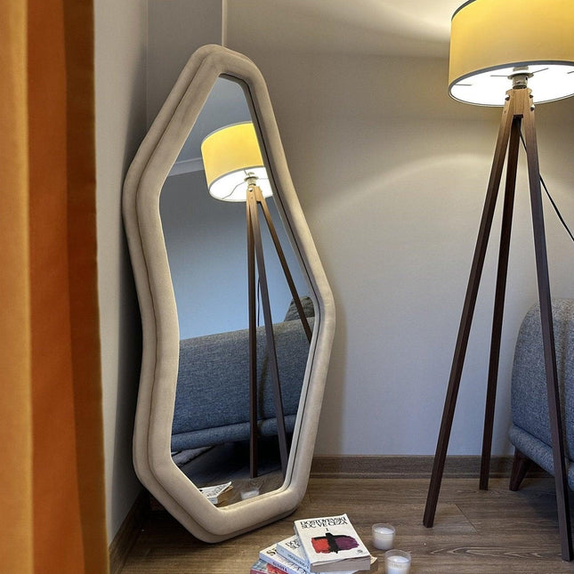 EdgeCraft Irregular Asymmetric Wall Mirror- Suede Velvet Upholstered Frame Fabric Mirror for Bedroom - Uber Decor