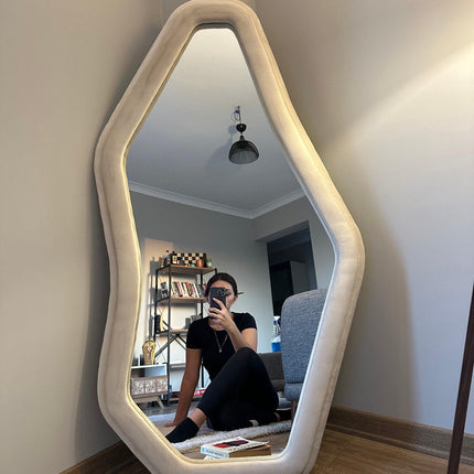 EdgeCraft Irregular Asymmetric Wall Mirror- Suede Velvet Upholstered Frame Fabric Mirror for Bedroom - Uber Decor