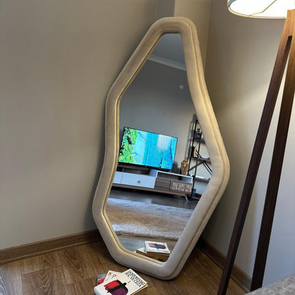 EdgeCraft Irregular Asymmetric Wall Mirror- Suede Velvet Upholstered Frame Fabric Mirror for Bedroom - Uber Decor