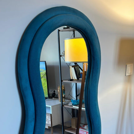 Velvet Wave Irregular Wall Mirror - Upholstered Suede Velvet Frame, Asymmetric Full-Length Body Mirror for Modern Home Decor - Uber Decor