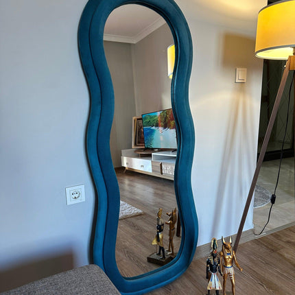 Velvet Wave Irregular Wall Mirror - Upholstered Suede Velvet Frame, Asymmetric Full-Length Body Mirror for Modern Home Decor - Uber Decor