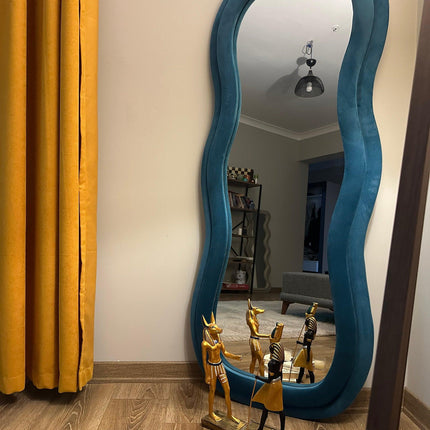 Velvet Wave Irregular Wall Mirror - Upholstered Suede Velvet Frame, Asymmetric Full-Length Body Mirror for Modern Home Decor - Uber Decor