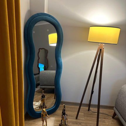 Velvet Wave Irregular Wall Mirror - Upholstered Suede Velvet Frame, Asymmetric Full-Length Body Mirror for Modern Home Decor - Uber Decor
