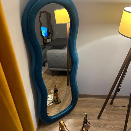Velvet Wave Irregular Wall Mirror - Upholstered Suede Velvet Frame, Asymmetric Full-Length Body Mirror for Modern Home Decor - Uber Decor
