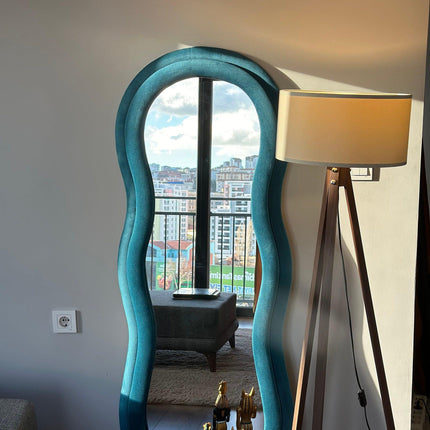 Velvet Wave Irregular Wall Mirror - Upholstered Suede Velvet Frame, Asymmetric Full-Length Body Mirror for Modern Home Decor - Uber Decor