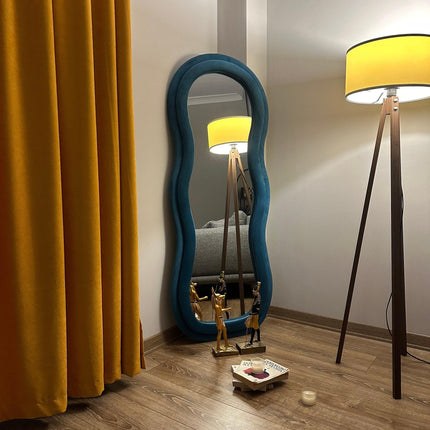 Velvet Wave Irregular Wall Mirror - Upholstered Suede Velvet Frame, Asymmetric Full-Length Body Mirror for Modern Home Decor - Uber Decor