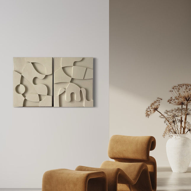 Set of 2 Modern Cascade Wooden Wall Art - Contemporary Abstract Texture 3D Wall Art - Wood Wall Sculpture Minimal Wall Decor - Uber Decor