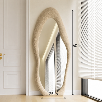 Modern Wavy Edge 5 ft Boucle Standing Mirror – Ready to Ship Beige Full Length Mirror