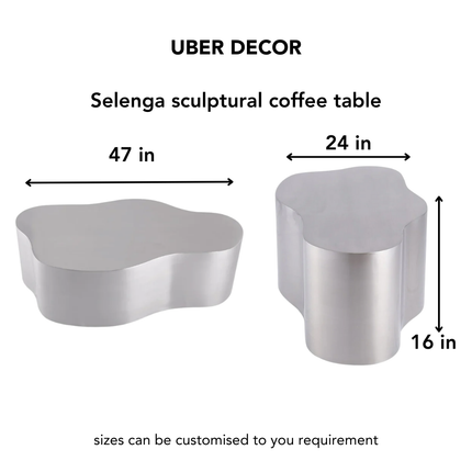 Selenga sculptural coffee table for modern lounge spaces inspired by contemporary European design with premium metal form and refined polish