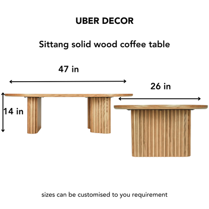 Sittang sculptural solid wood coffee table inspired by contemporary Scandinavian design for family room and lounge spaces