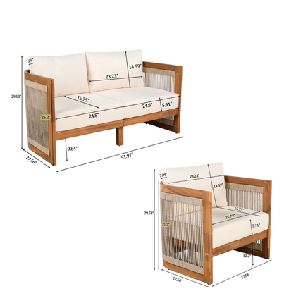Sundrift Haven Teak Wood & Rope Outdoor Sofa Set, Japandi Patio Conversation Set for Garden, Terrace, Porch, Poolside & Lawn