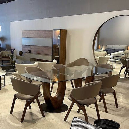 Vireon Rectangular Dining Table Contemporary Architectural Design Glass Top Solid Wood Base Dining Table for Dining Room