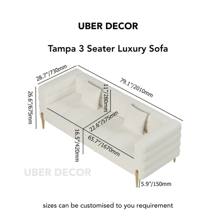 Tampa 3 Seater Luxury Modern Japandi Sofa for Living Room with Gold Legs Customisable Designer Sofa